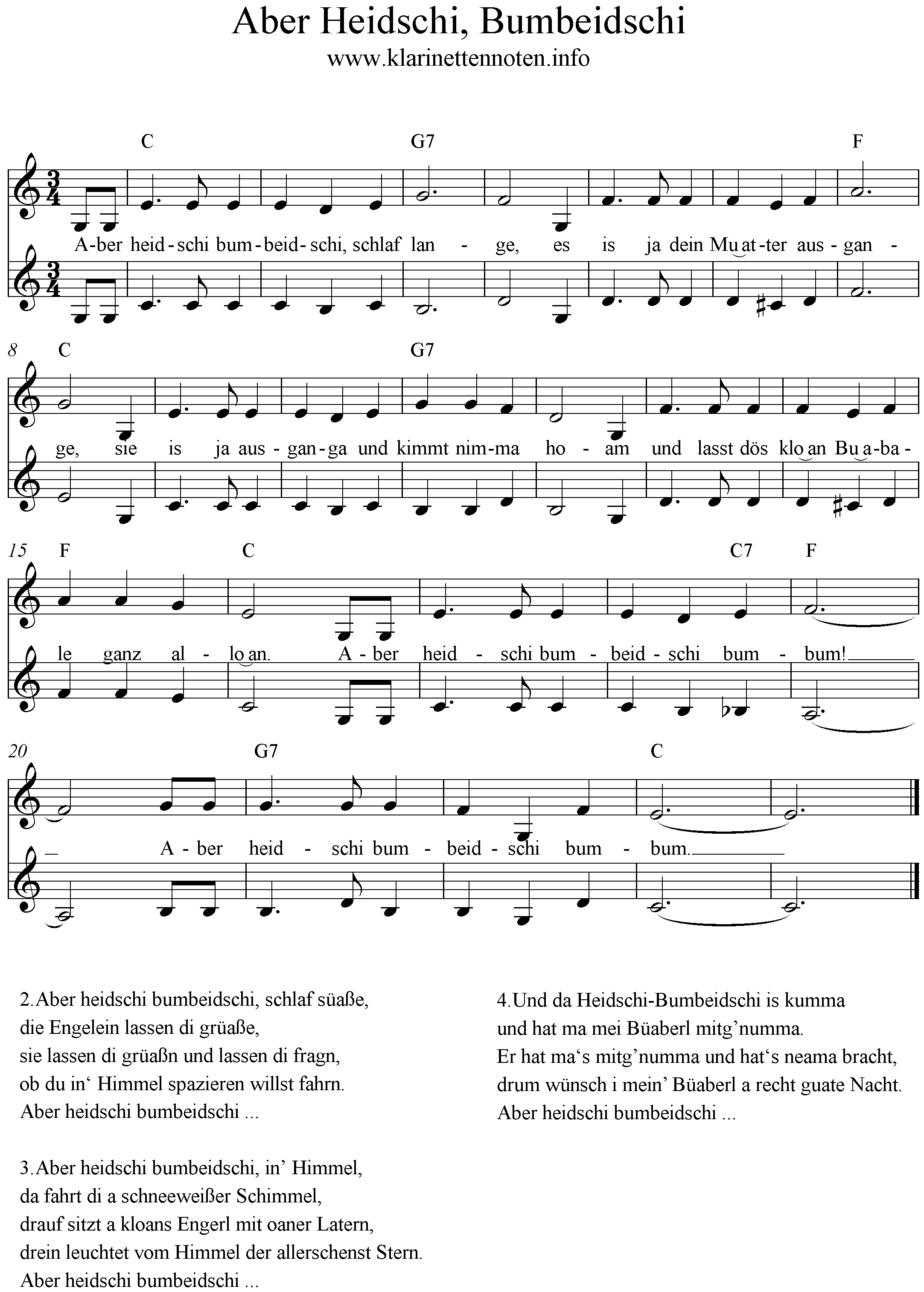 Heidschi Bumbeidschi Noten für Klarinette Anfänger